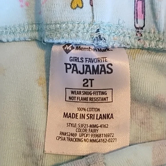 Pajama Set Girls Size 2T Fairy Butterfly Hearts Member's Mark Green Pink Yellow - Picture 8 of 9